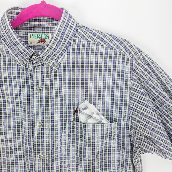 Perlis Seersucker Shirt Men's Medium Short Sleeve Button Down Blue Green Stripes - Picture 5 of 13